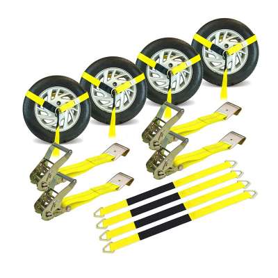 Car Tie Down Kit with 4 Lasso Straps 4 Flat Hook Ratchets and 4 Free 36" Axle Straps - 3300 LBS. Safe Working Load