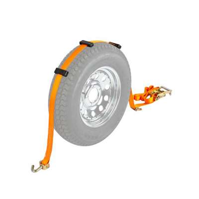 Wheel Ratchet Tie Down Strap Tire Strap with Swivel J hook and Rubber Sliding Tire Grippers